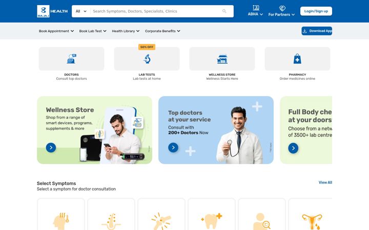 Screenshot of bajajfinservhealth.in