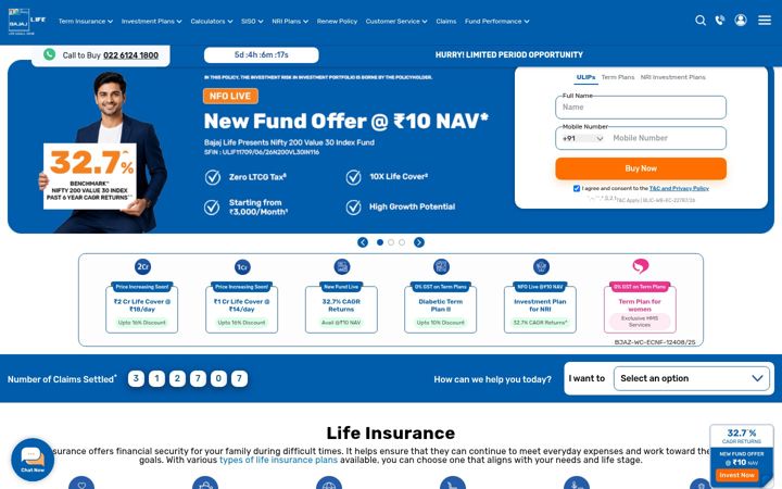 Screenshot of bajajlifeinsurance.com