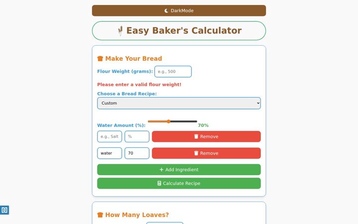 Screenshot of bakecalculator.com