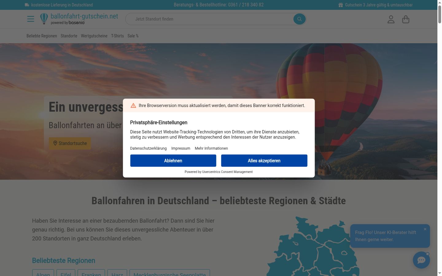 Screenshot des Einwilligungsbanners vor jeglicher Interaktion