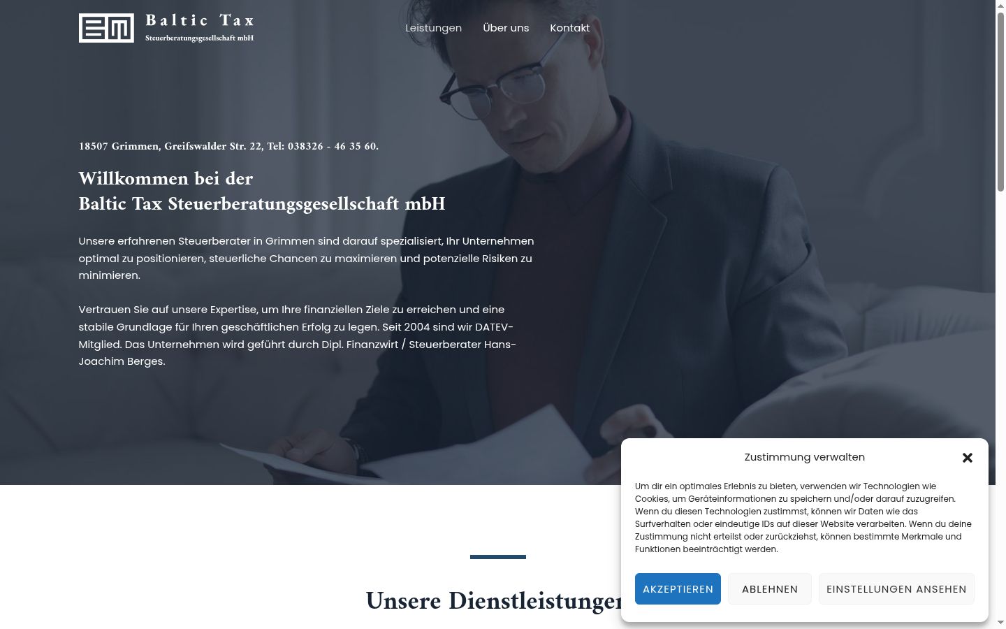 Screenshot des Einwilligungsbanners vor jeglicher Interaktion