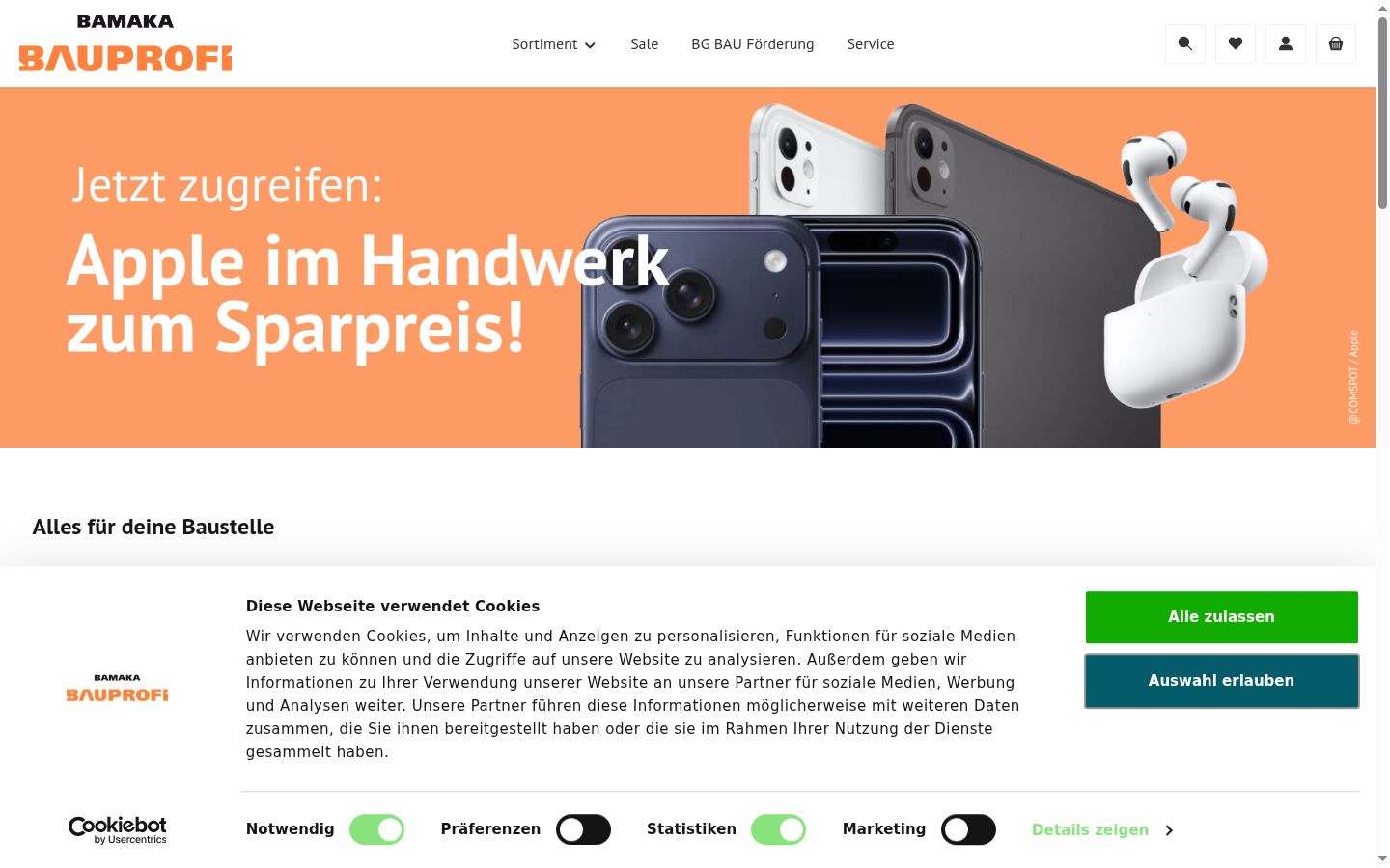 Screenshot des Einwilligungsbanners vor jeglicher Interaktion