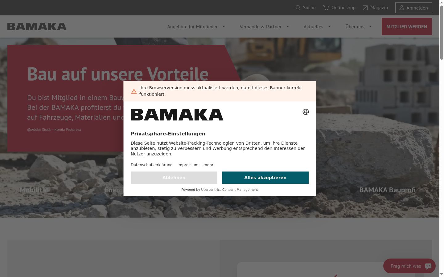 Skärmbild av samtyckesbannern som visades före någon interaktion