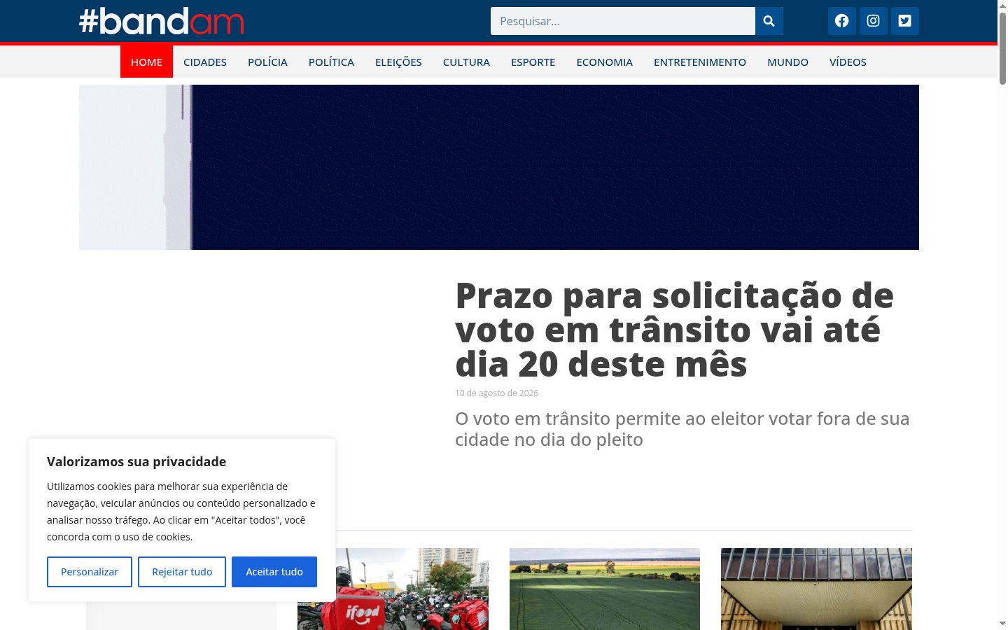 Captura de ecrã do banner de consentimento apresentado antes de qualquer interação