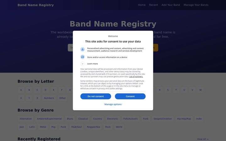 Ekrano kopija bandnameregistry.org