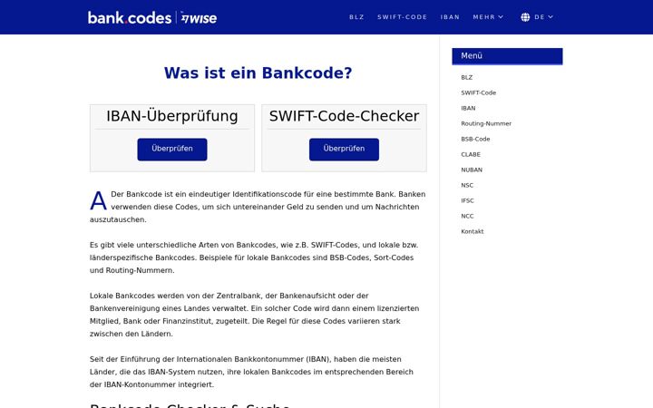 Screenshot of bank-codes.de