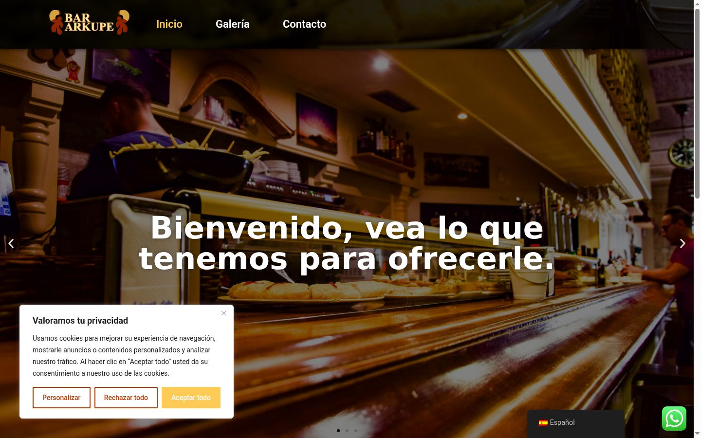 Captura de pantalla del banner de consentimiento mostrado antes de cualquier interacción