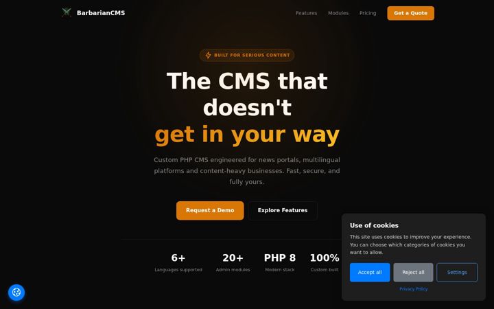 Screenshot of barbariancms.com
