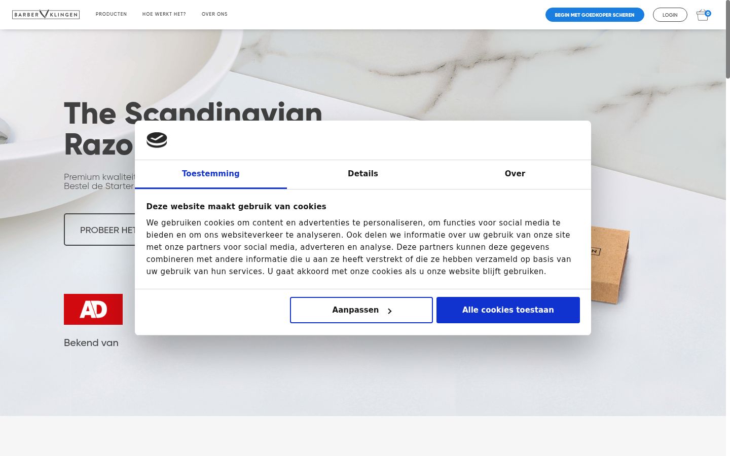 Skærmbillede af samtykkebanneret, som det blev vist før nogen interaktion