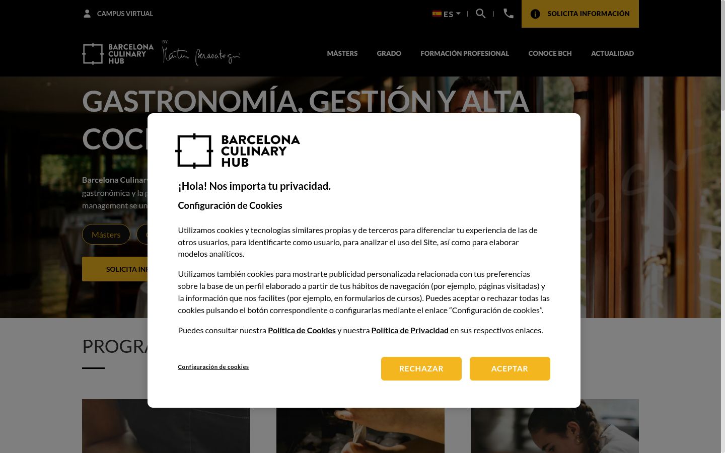 Captura de ecrã do banner de consentimento apresentado antes de qualquer interação