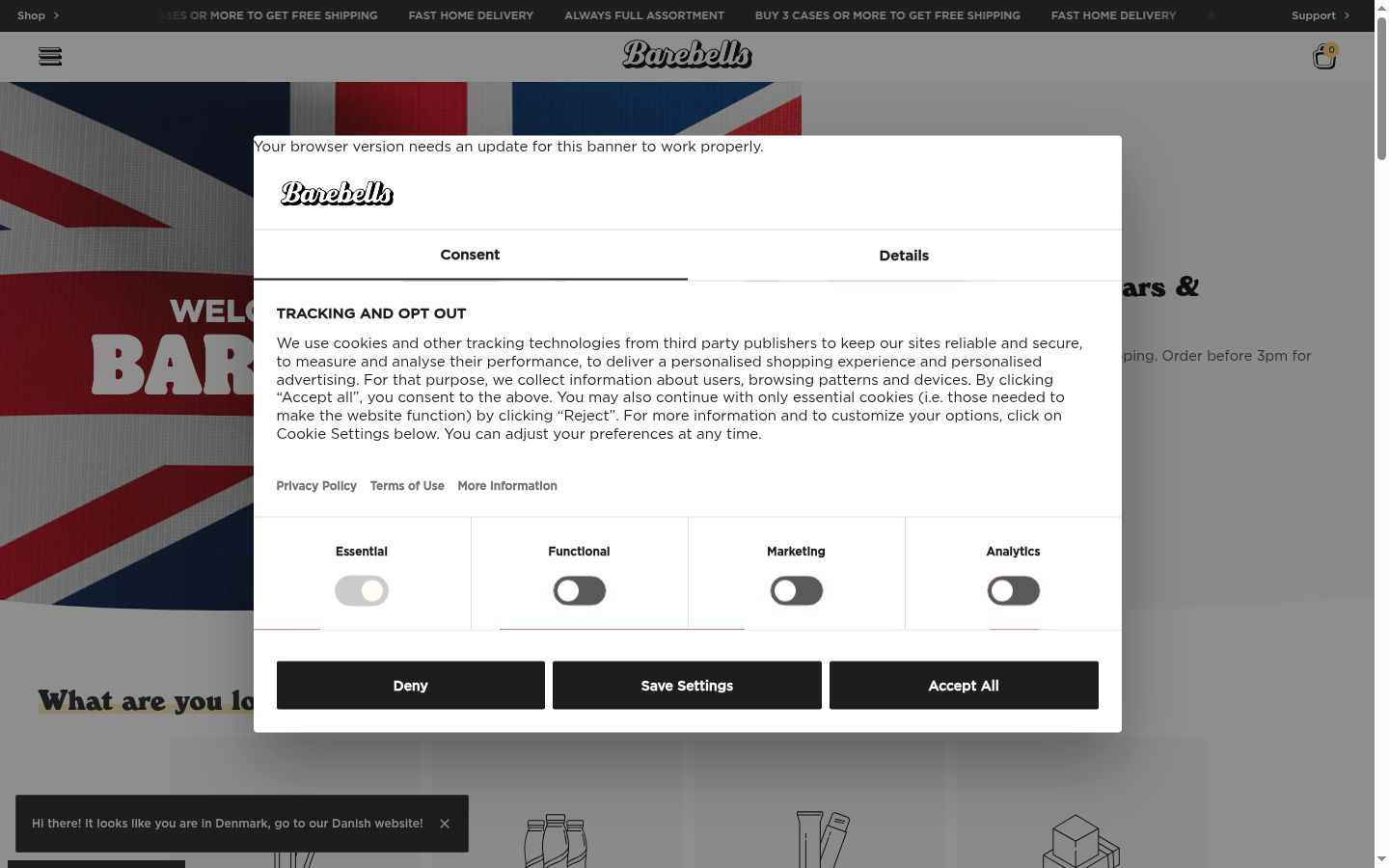 Screenshot del banner di consenso mostrato prima di qualsiasi interazione