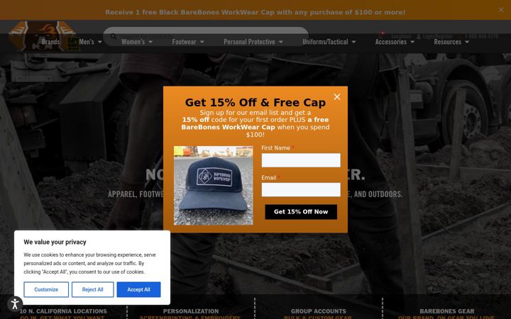 Screenshot of barebonesworkwear.com