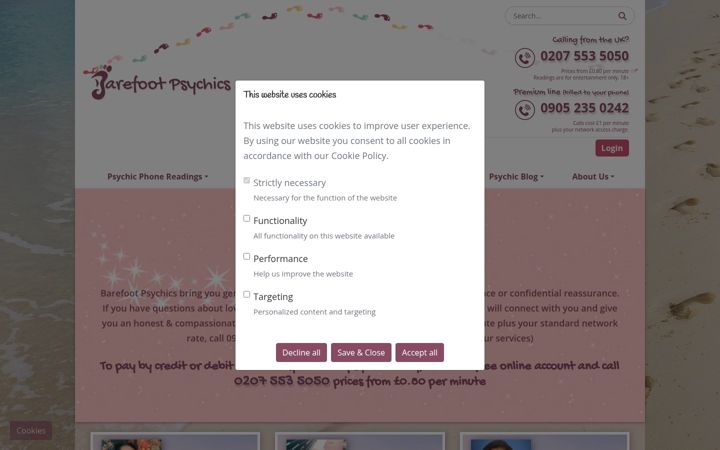 Screenshot of barefootpsychics.com