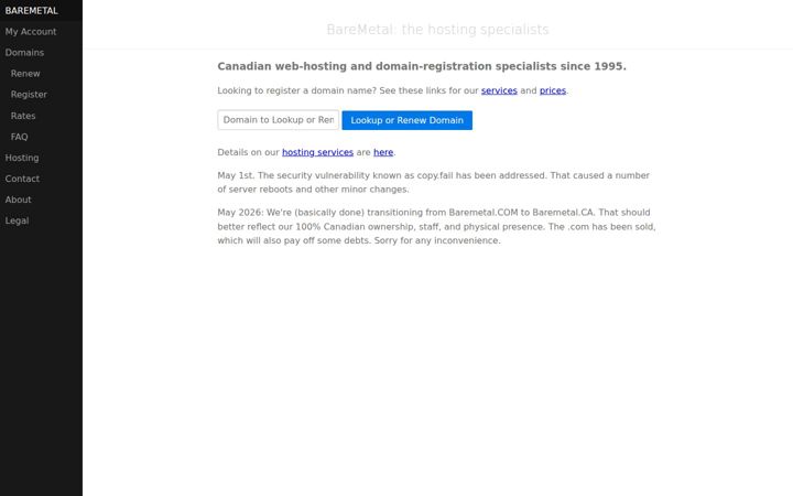 Screenshot of baremetal.ca