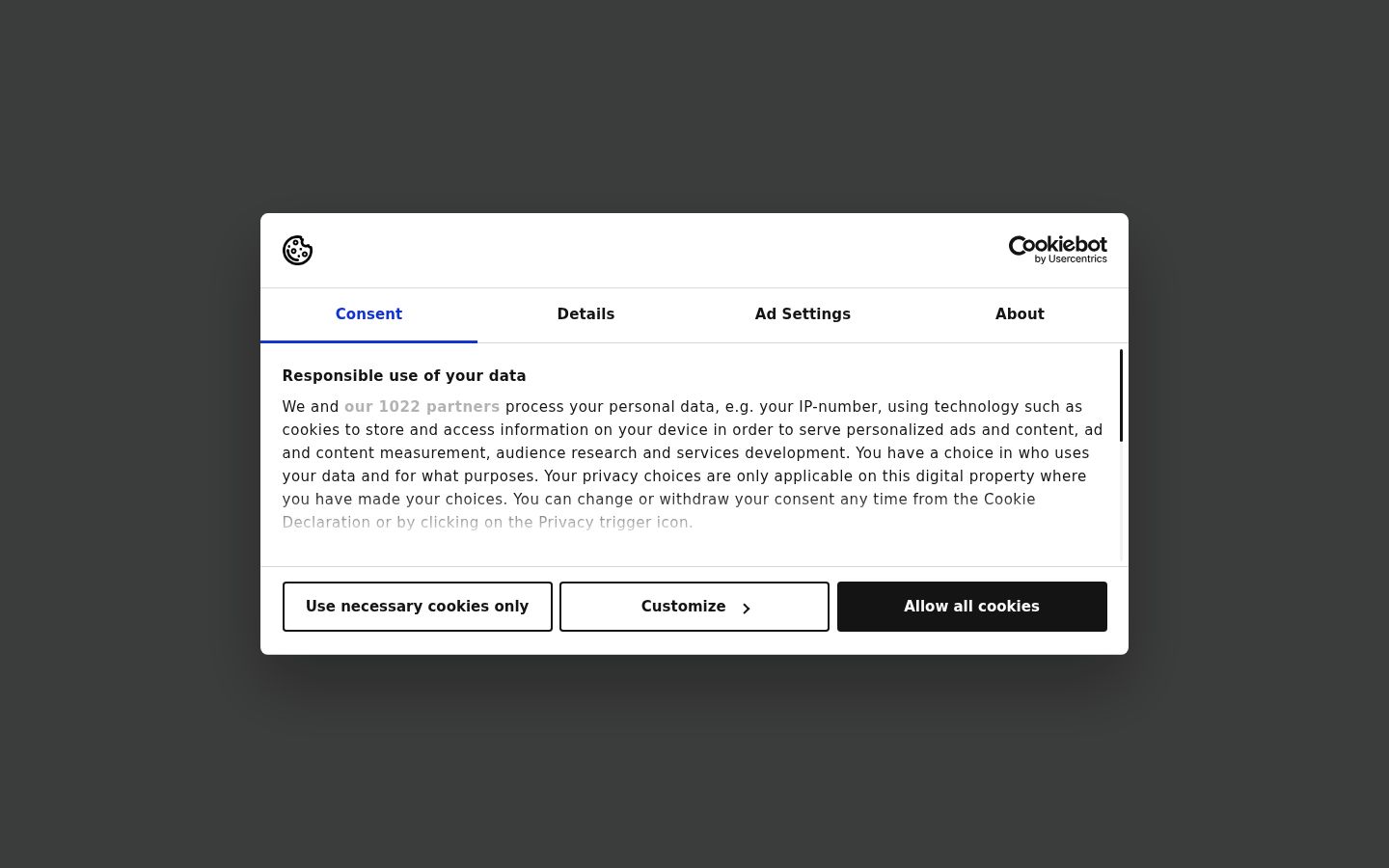 Screenshot del banner di consenso mostrato prima di qualsiasi interazione