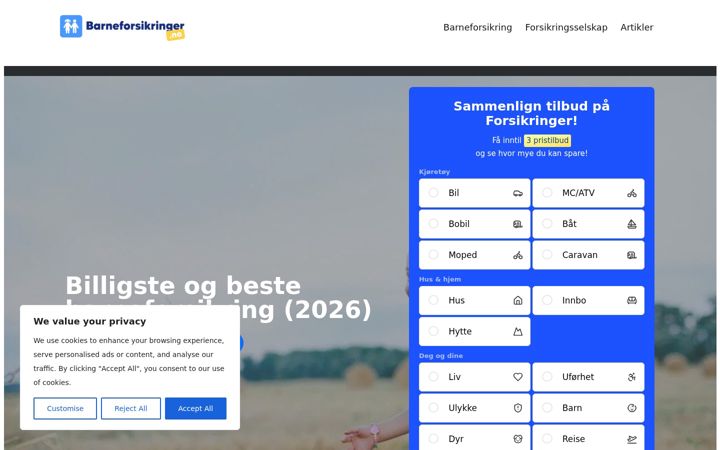 Screenshot of barneforsikringer.no