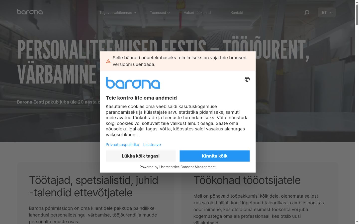 Snímka obrazovky banera súhlasu zobrazeného pred akoukoľvek interakciou