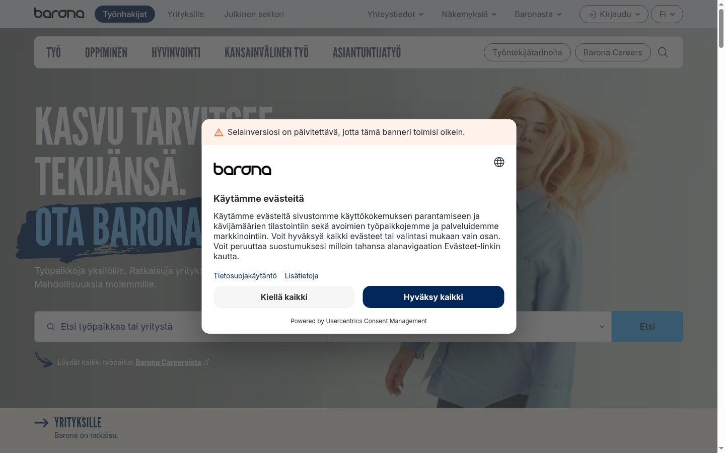 Ekrānuzņēmums ar piekrišanas baneri, kas tika rādīts pirms jebkādas mijiedarbības