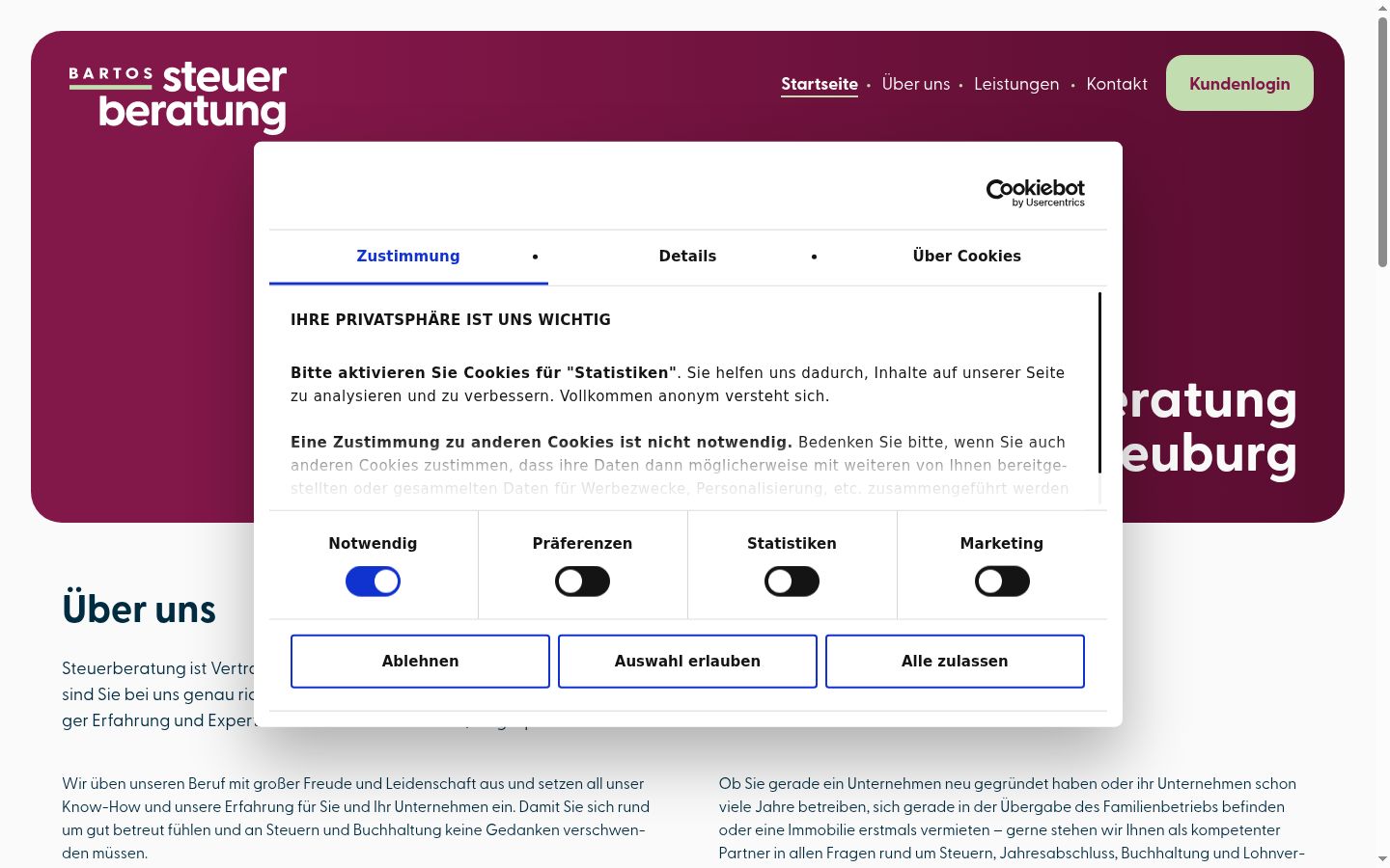 Screenshot del banner di consenso mostrato prima di qualsiasi interazione
