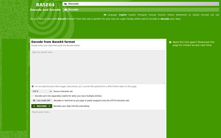 Captură de ecran a base64decode.org