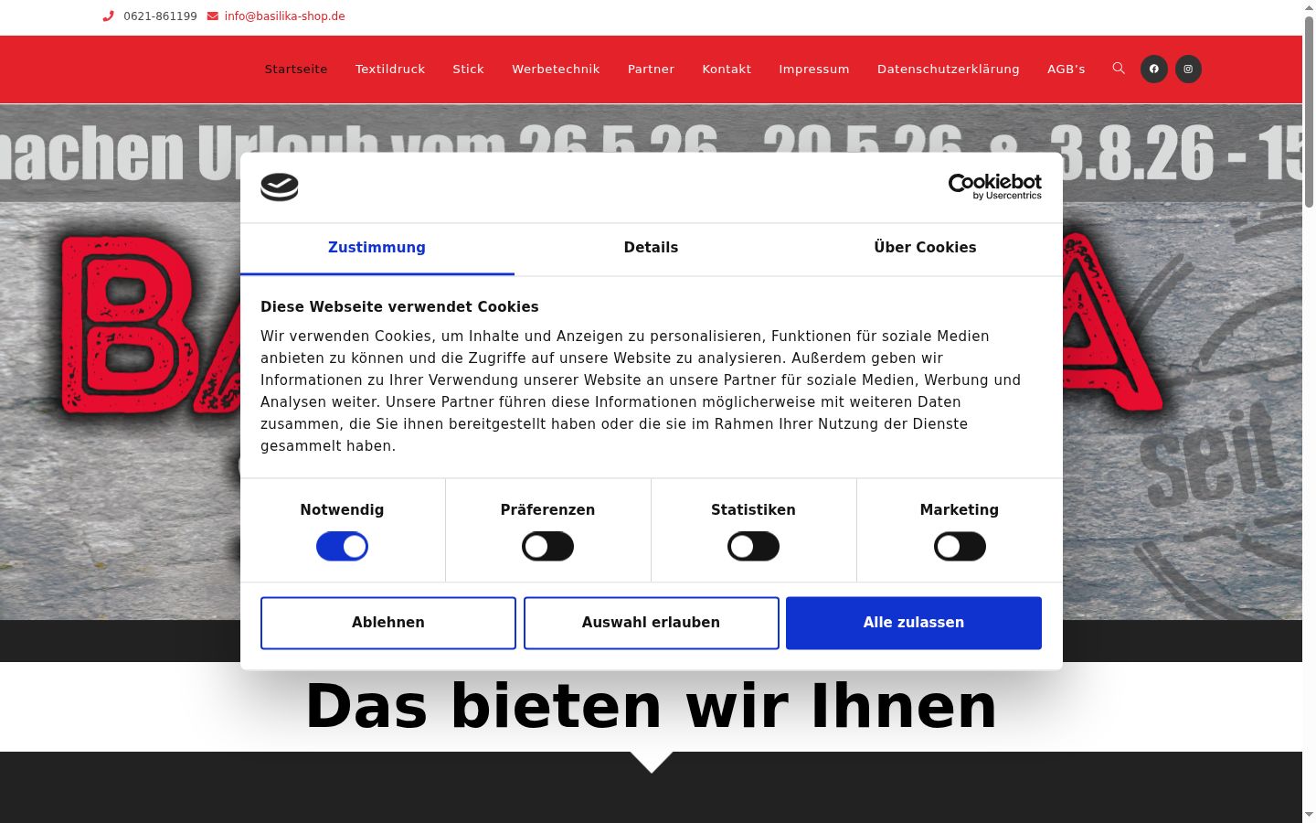 Screenshot des Einwilligungsbanners vor jeglicher Interaktion