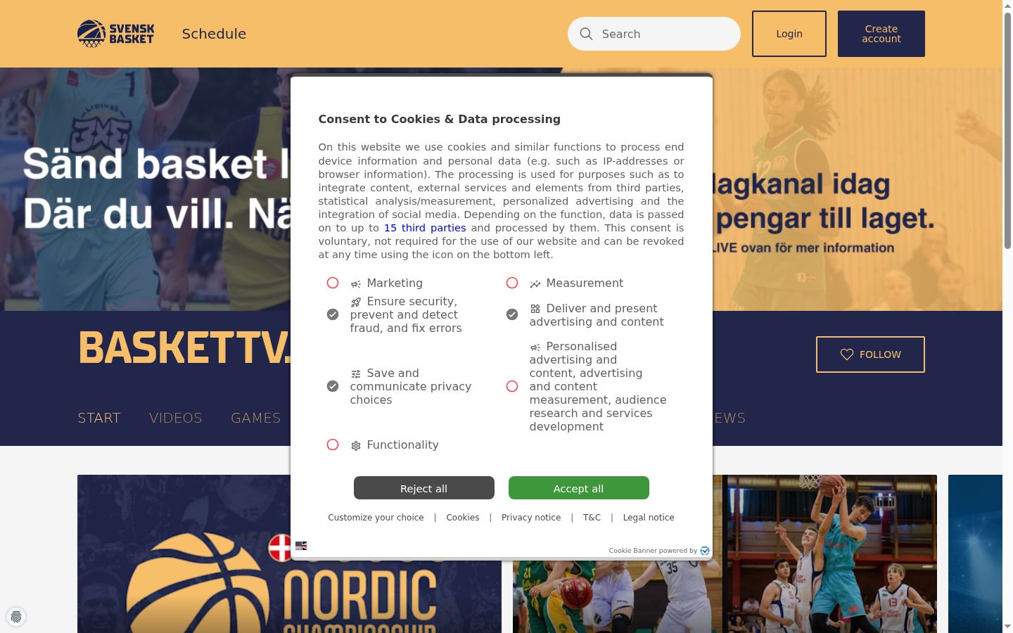 Ekrānuzņēmums ar piekrišanas baneri, kas tika rādīts pirms jebkādas mijiedarbības