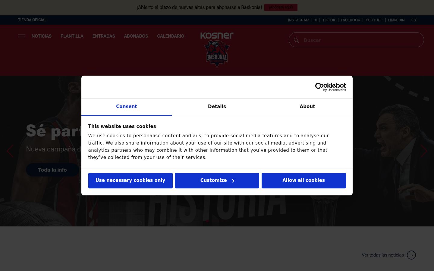 Screenshot del banner di consenso mostrato prima di qualsiasi interazione