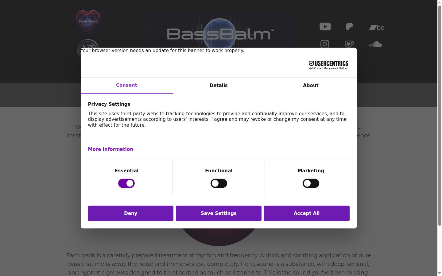 Screenshot del banner di consenso mostrato prima di qualsiasi interazione