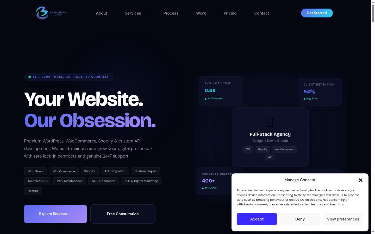 Screenshot del banner di consenso mostrato prima di qualsiasi interazione