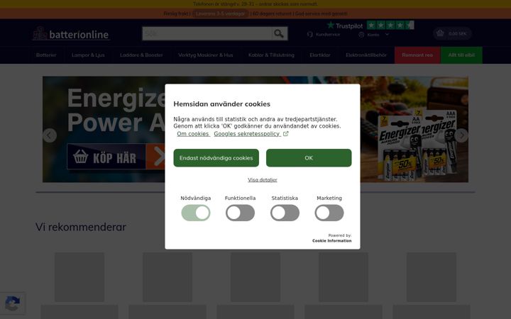 Captură de ecran a batterionline.se
