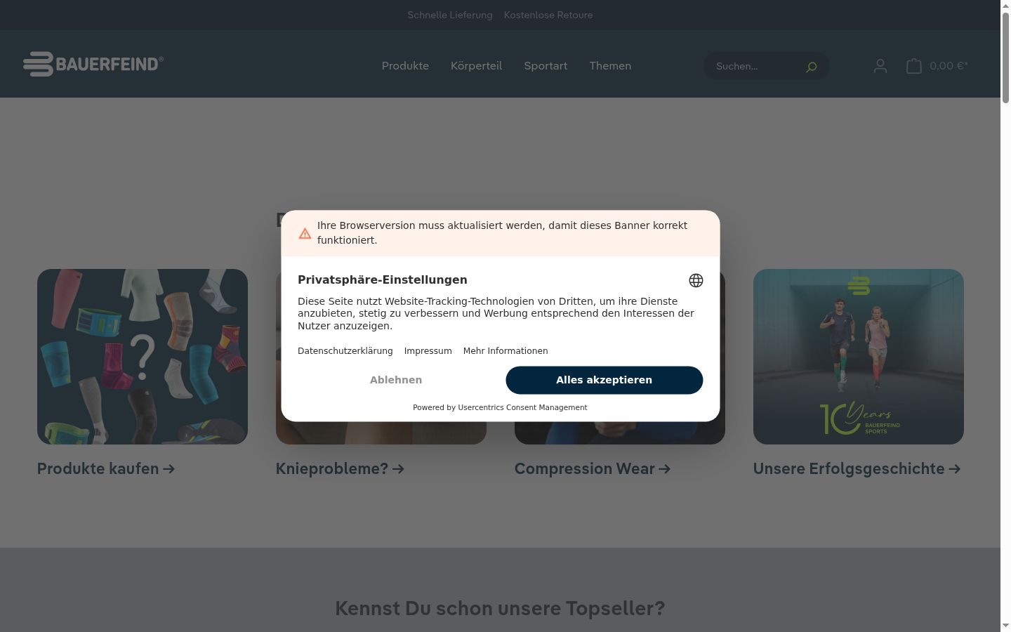 Screenshot des Einwilligungsbanners vor jeglicher Interaktion