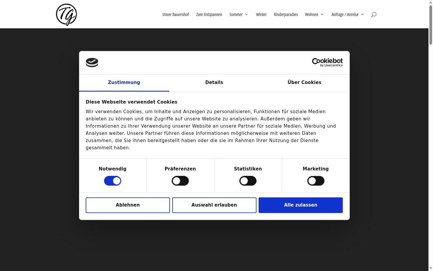 Screenshot des Einwilligungsbanners vor jeglicher Interaktion