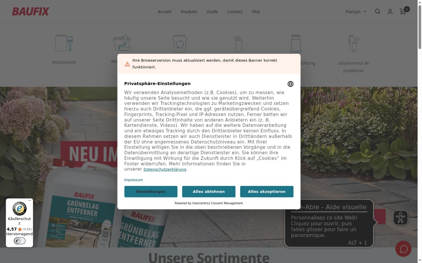 Screenshot des Einwilligungsbanners vor jeglicher Interaktion