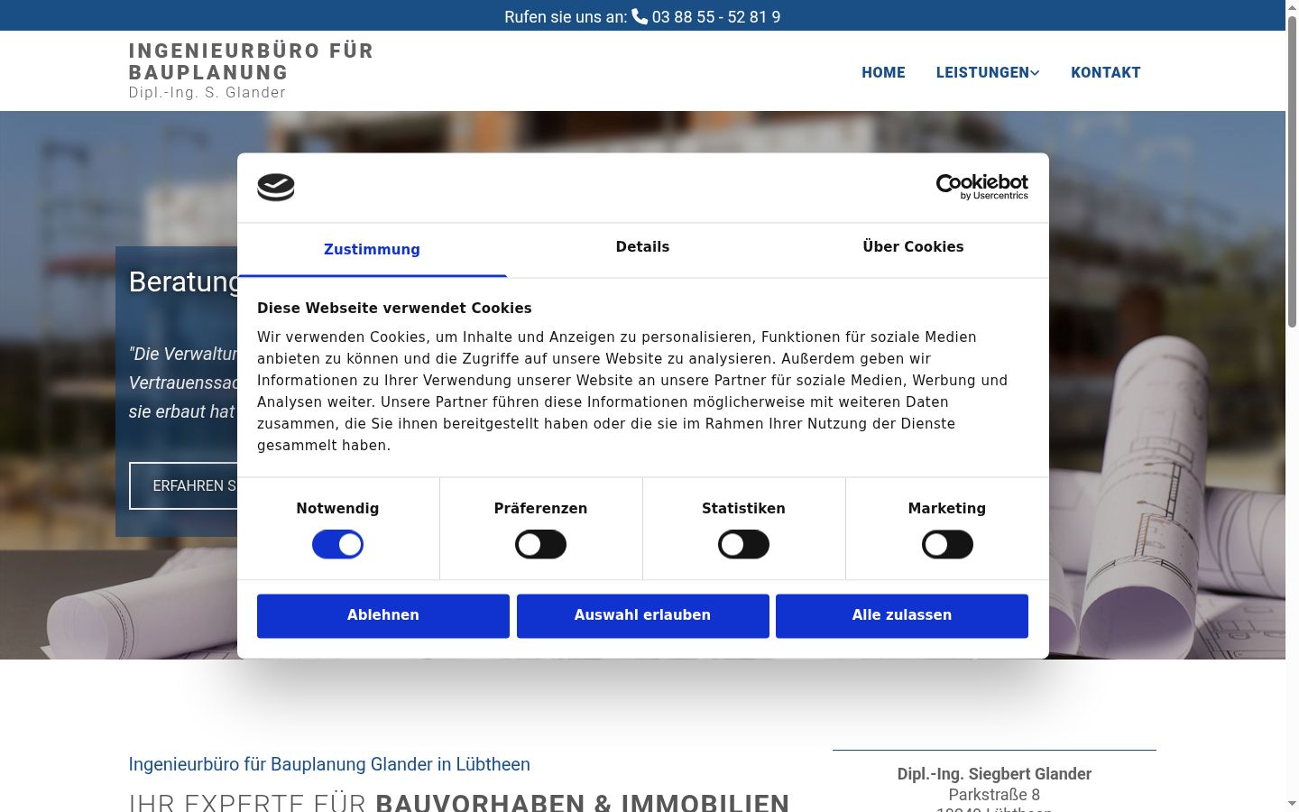 Screenshot des Einwilligungsbanners vor jeglicher Interaktion