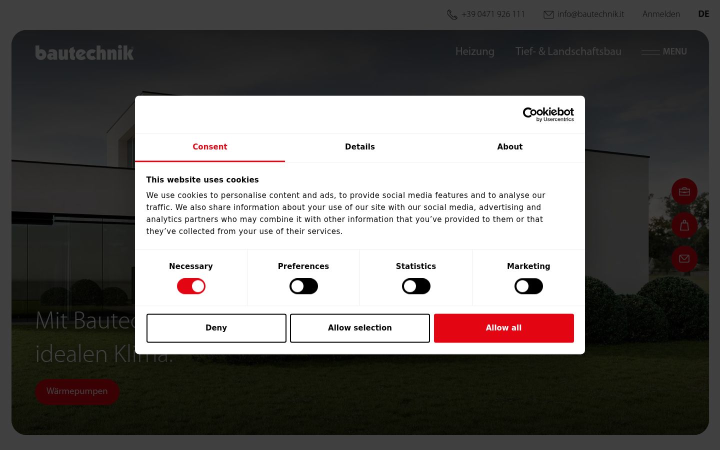 Screenshot del banner di consenso mostrato prima di qualsiasi interazione