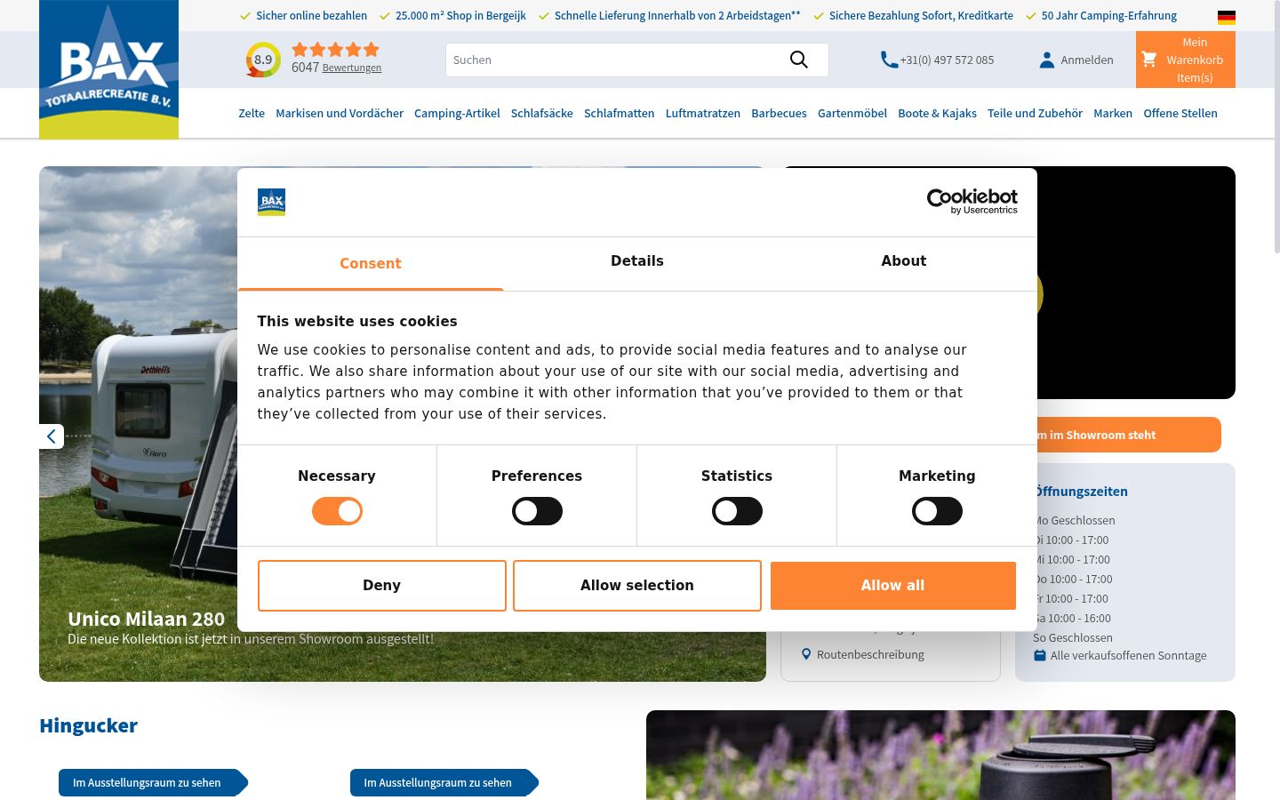 Screenshot des Einwilligungsbanners vor jeglicher Interaktion