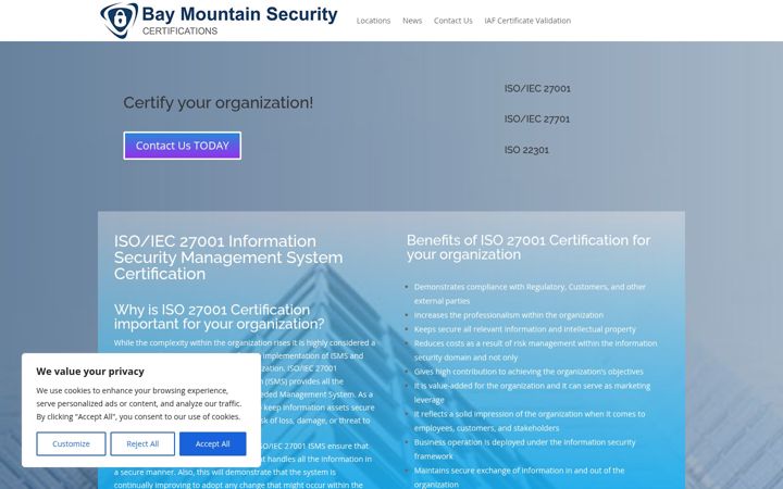 Screenshot of baymountainsecuritycertifications.com