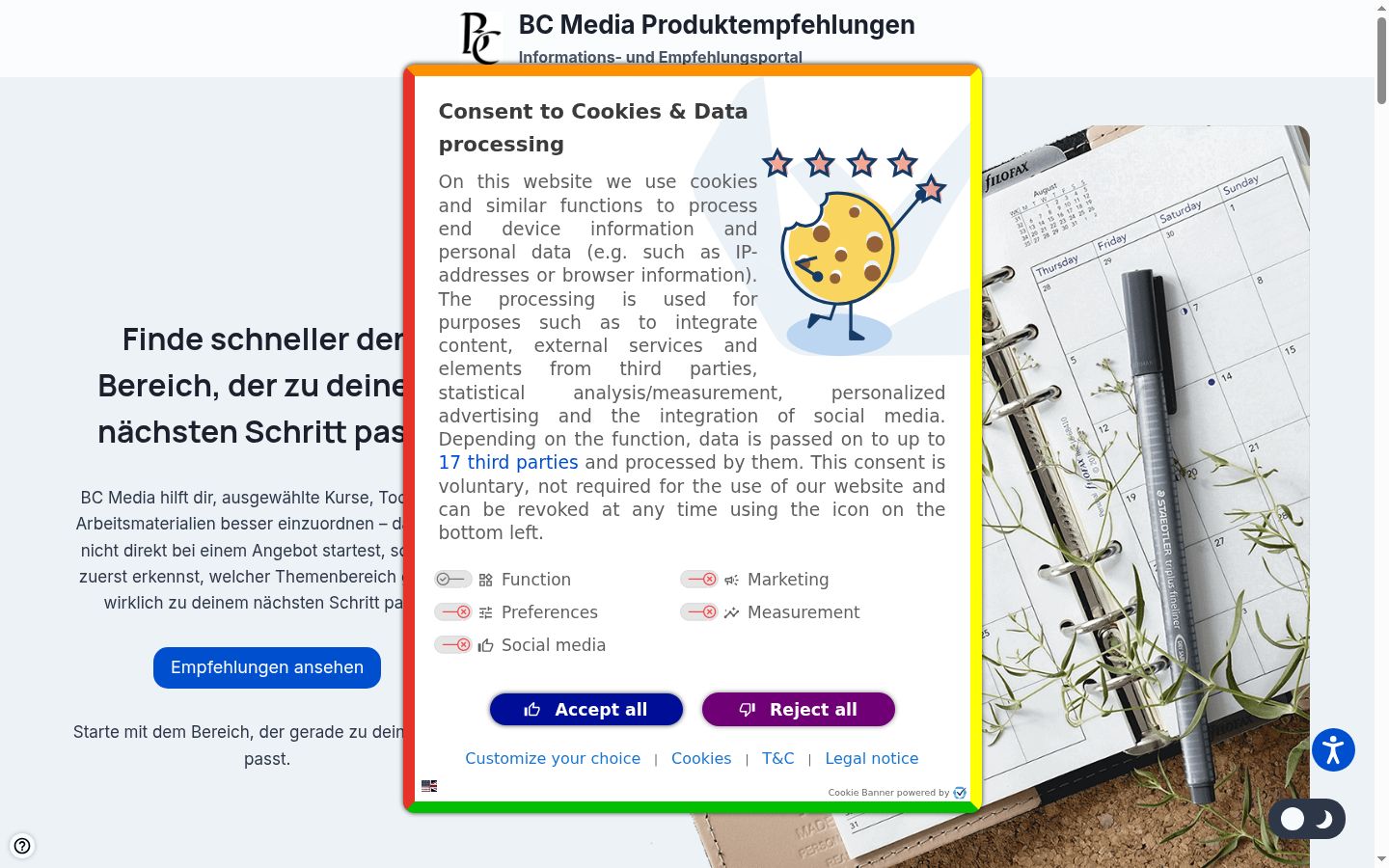 Posnetek zaslona pasice za privolitev, prikazane pred kakršno koli interakcijo