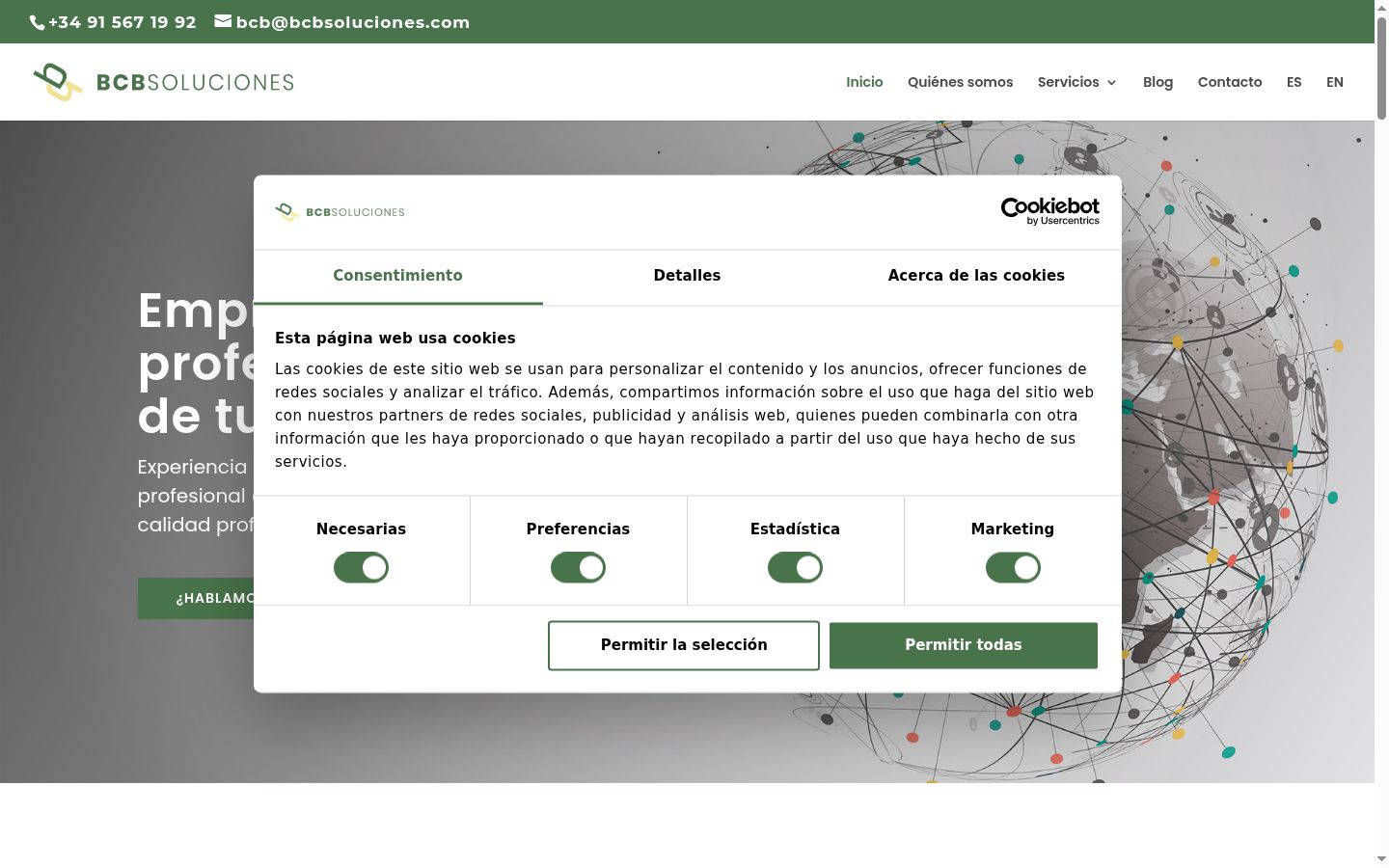 Captura de pantalla del banner de consentimiento mostrado antes de cualquier interacción