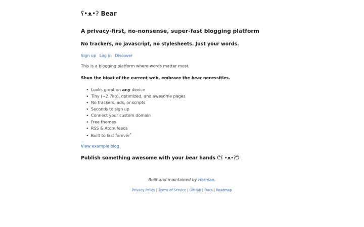 Ekrānuzņēmums no bearblog.dev