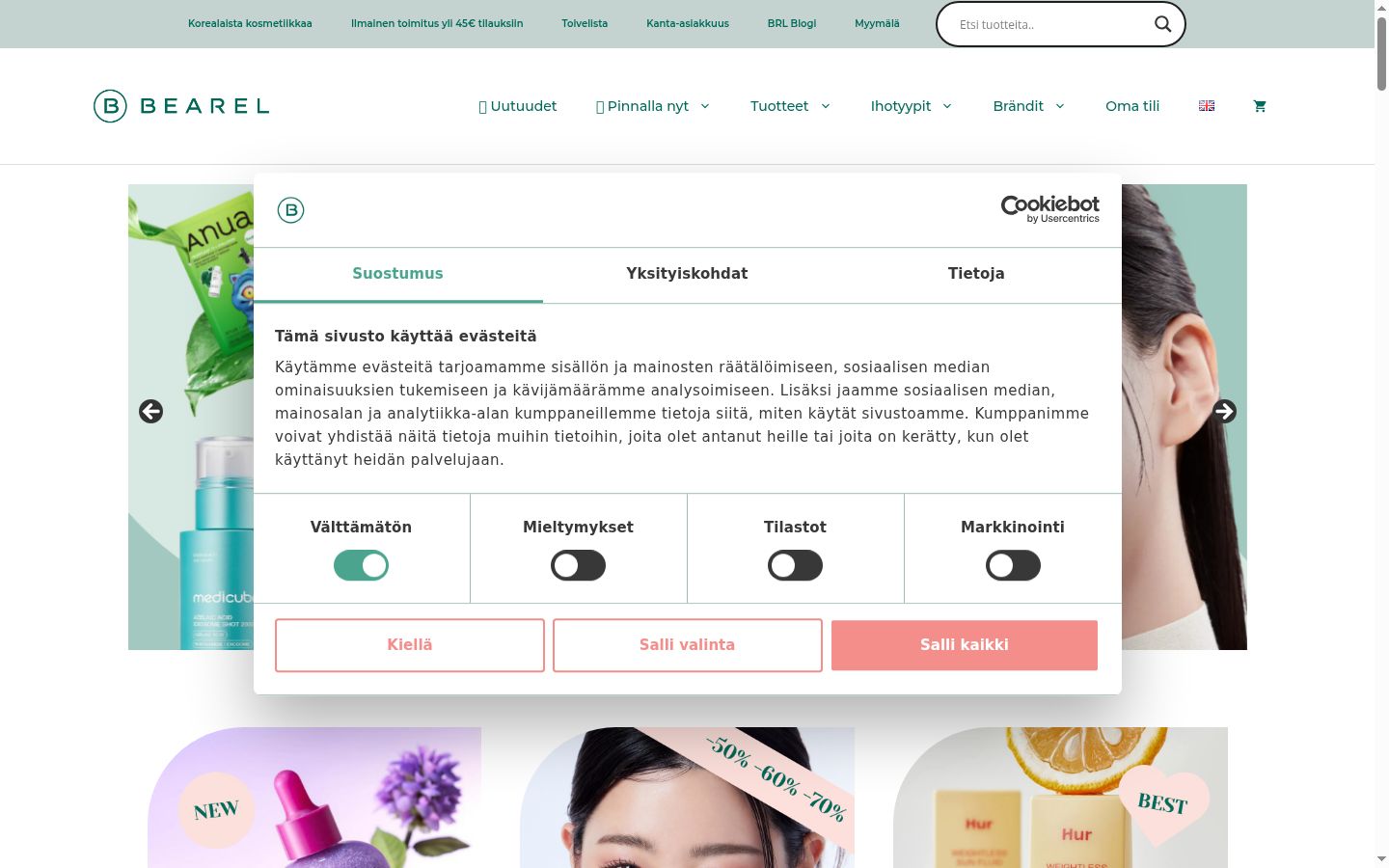 Sutikimo reklamjuostės, rodytos prieš bet kokią sąveiką, ekrano kopija