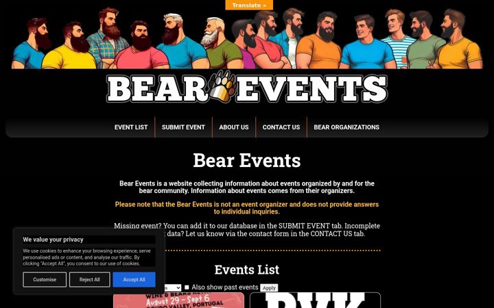 Screenshot of bearevents.eu