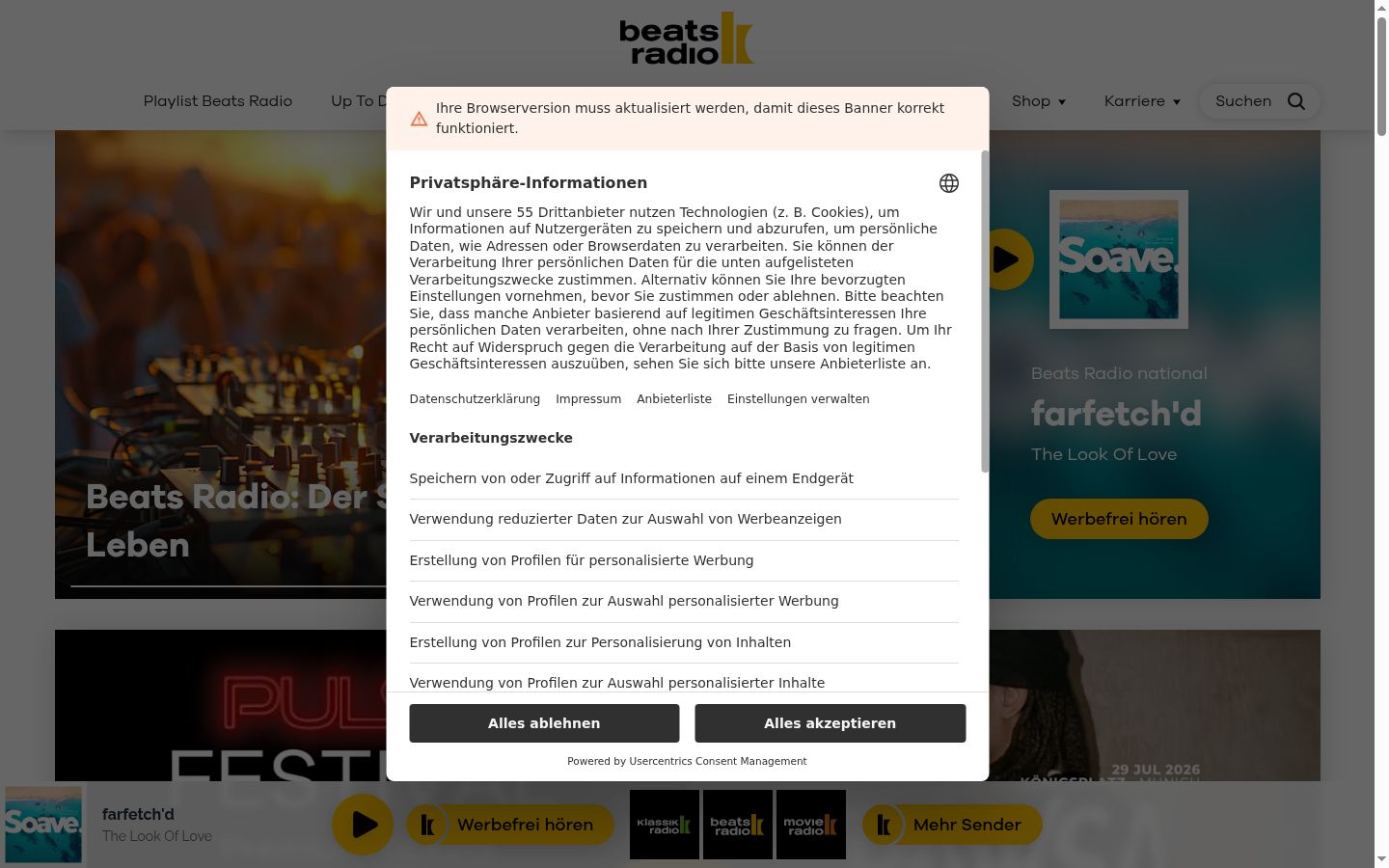 Snímek obrazovky baneru souhlasu zobrazeného před jakoukoli interakcí