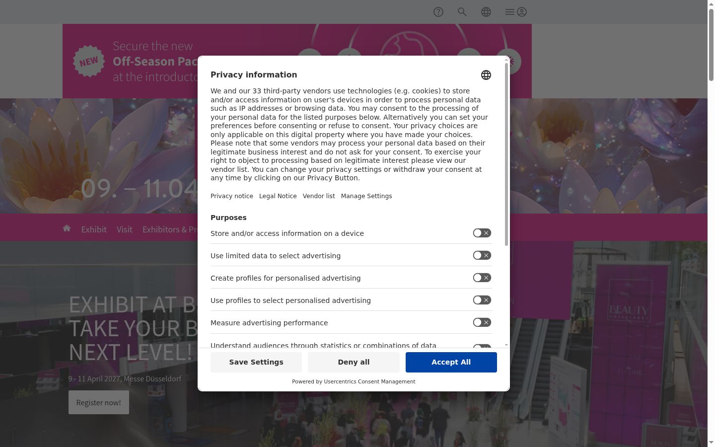 Captura de ecrã do banner de consentimento apresentado antes de qualquer interação