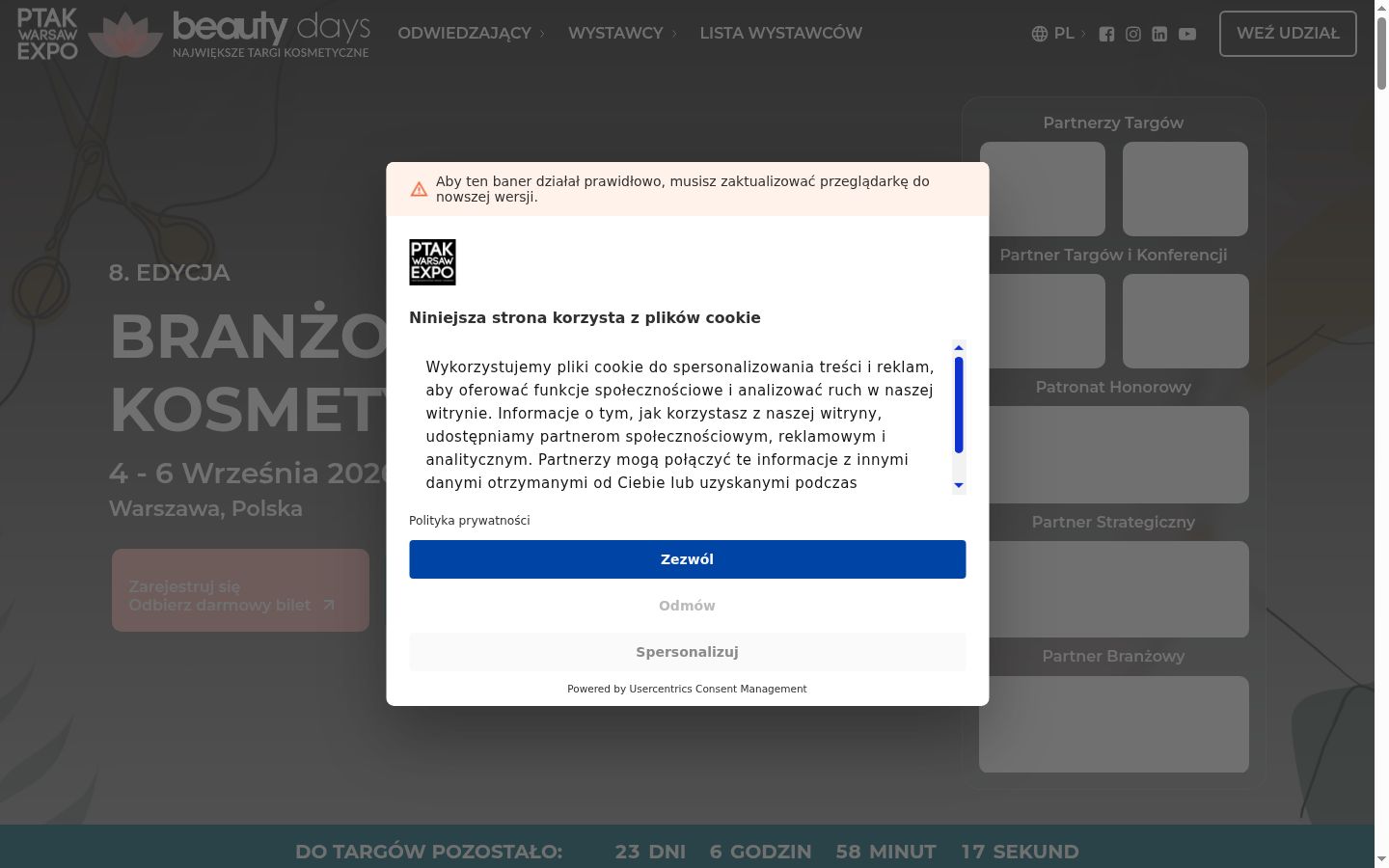 Képernyőkép a bármilyen interakció előtt megjelenő hozzájárulási bannerről