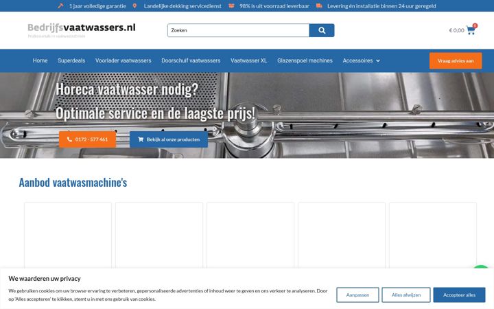 Screenshot stránky bedrijfsvaatwassers.nl