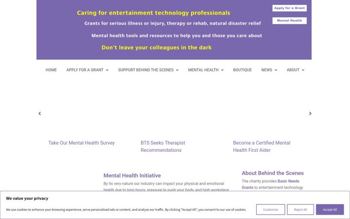Screenshot of behindthescenescharity.org