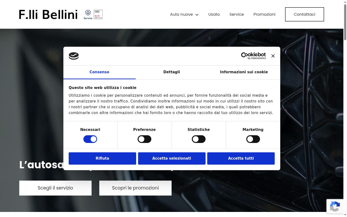Screenshot del banner di consenso mostrato prima di qualsiasi interazione