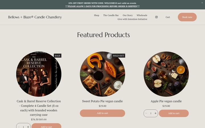 Screenshot of bellowsandblazecandles.com