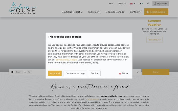 Screenshot of belnemhousebonaire.com